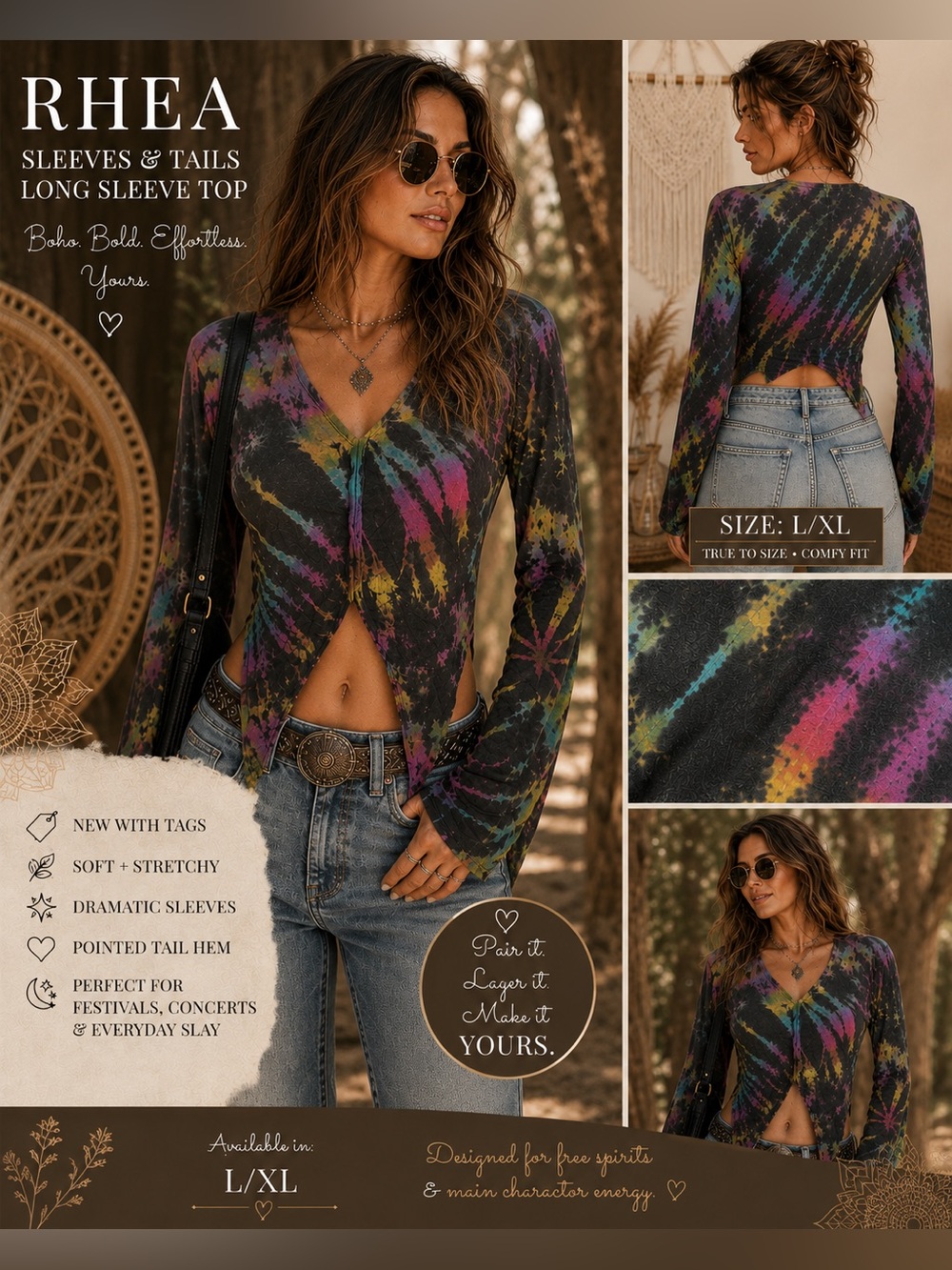 Rhea Tie Dye Sleeves & Tails Long Sleeve Top L/XL NWT Boho Festival Y2K A22